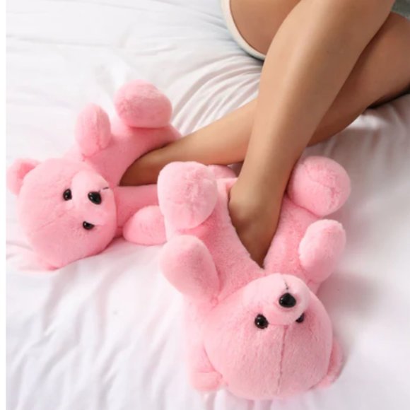 Womens Pink Teddy Bear Slippers OSFM - Picture 1 of 4
